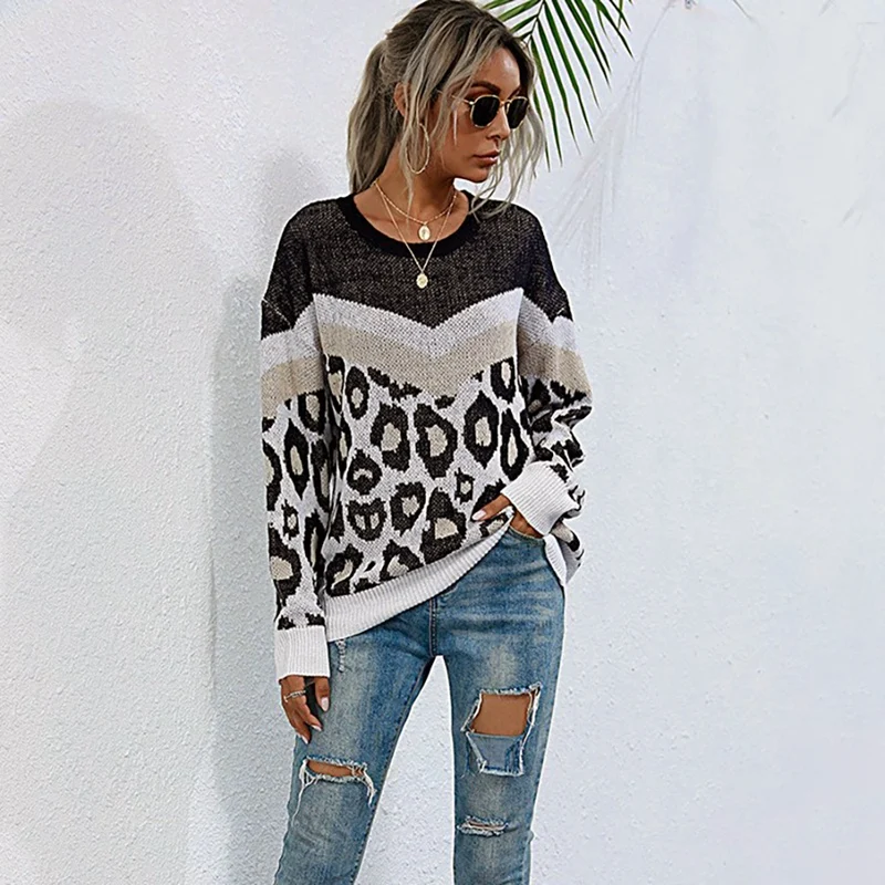 

New Women Leopard Splicing Knitted Sweater Pullovers Autumn Winter Top Long Sleeve Loose Knitwear