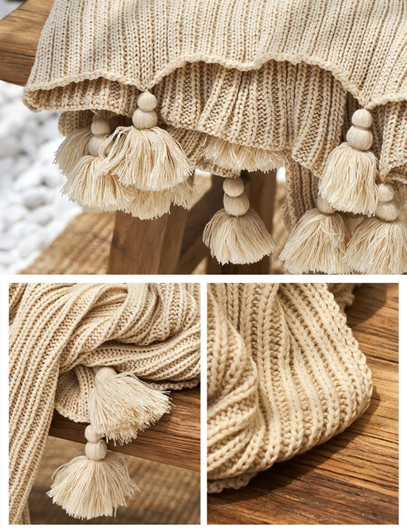 Шерстяное вязаное одеяло с кисточками мягкое постельное белье искусственный