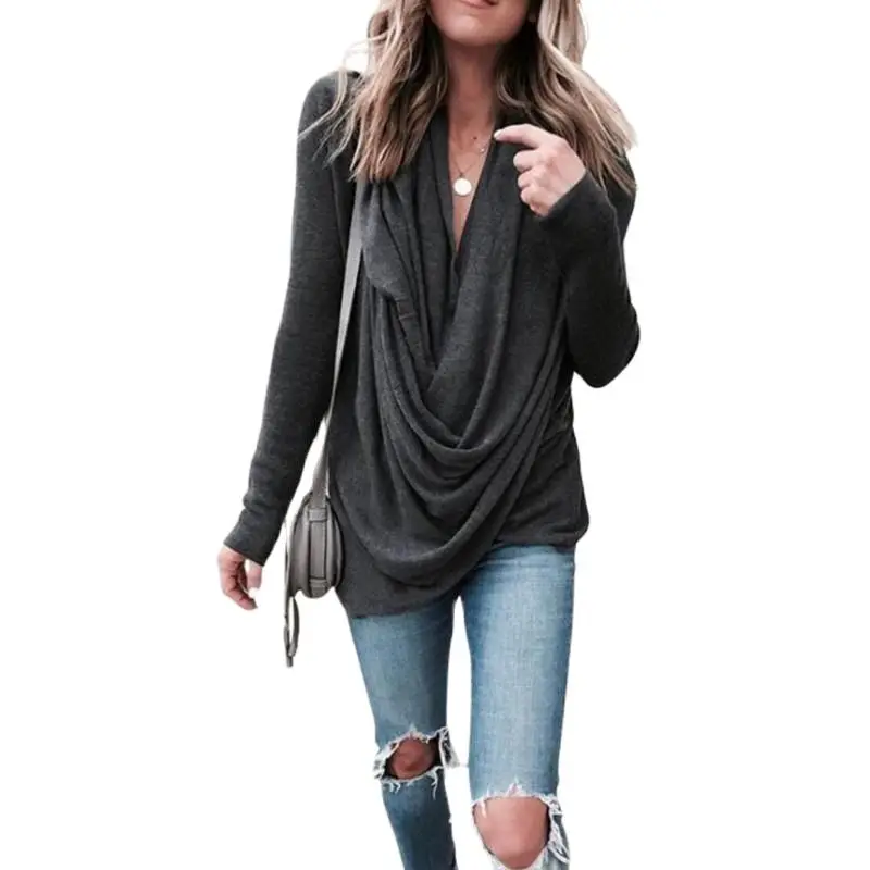 

Casual Tees Women Pile collar Women's T-shirt Long Sleeve Solid Color Women's Top Draped Sexy Office Lady Spring and Autumn
