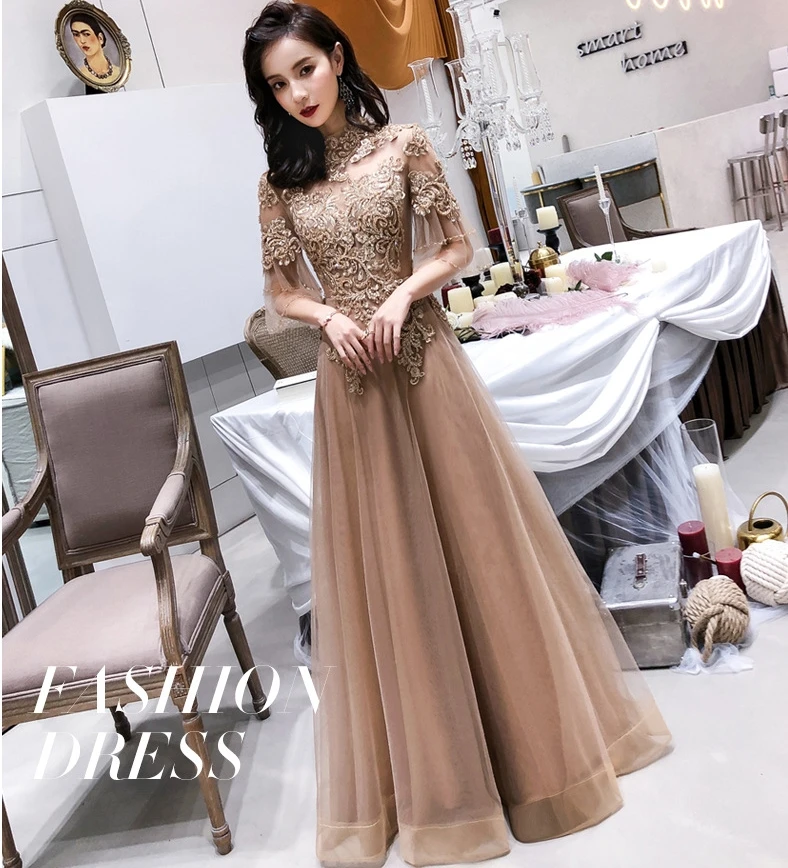 

2020 Champagne High Neck Crystal Beading Soft Tulle Evening Dresses Prom Party Gowns Evening Dress Vestidos de Festa