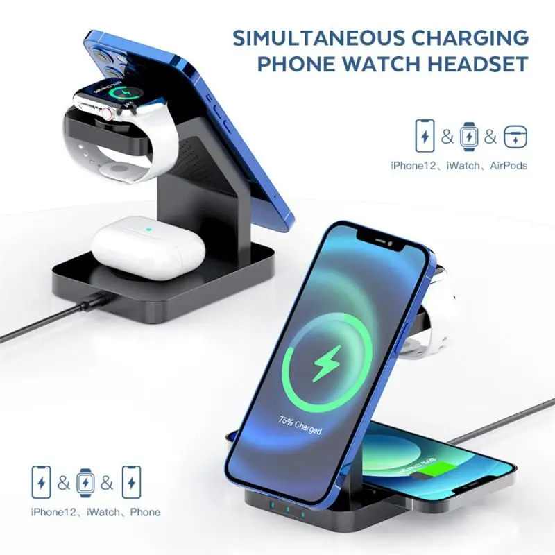 

3 in 1 Magnetic Wireless Charger 15W Fast Charges Station For Apple Watch/AirPods Series Phone Watches Earphones Charge