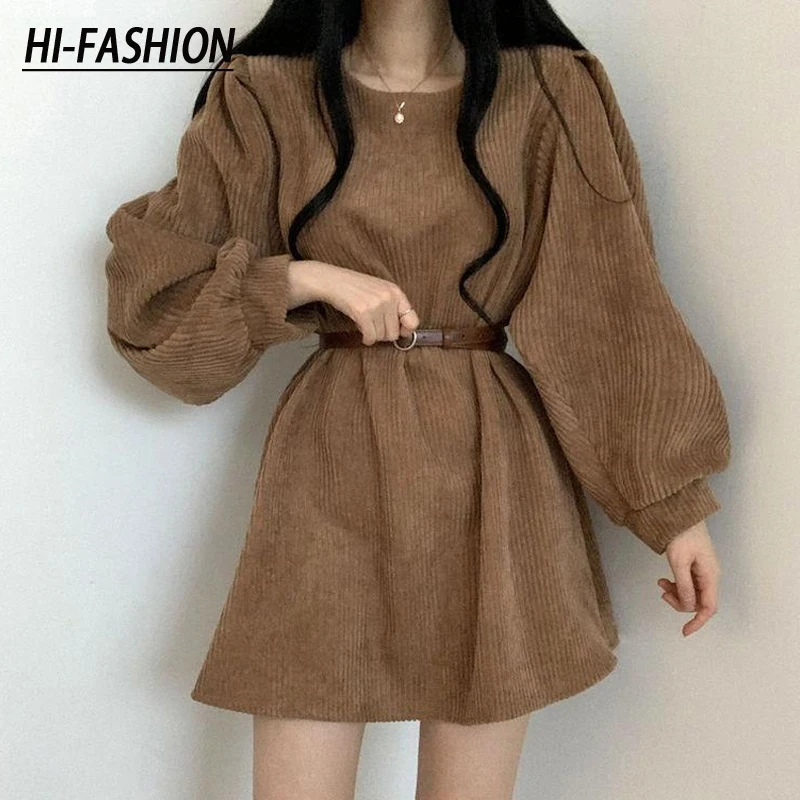 

Женское винтажное вельветовое платье HI-FASHION в Корейском стиле с поясом, повседневные свободные Женские однотонные мини-платья с круглым вырезом и рукавами-фонариками