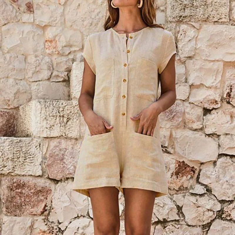 New Womens Casual Shorts Jumpsuit Cotton Linen Mini Playsuit Ladies Short Sleeve Romper For Summer Holiday |