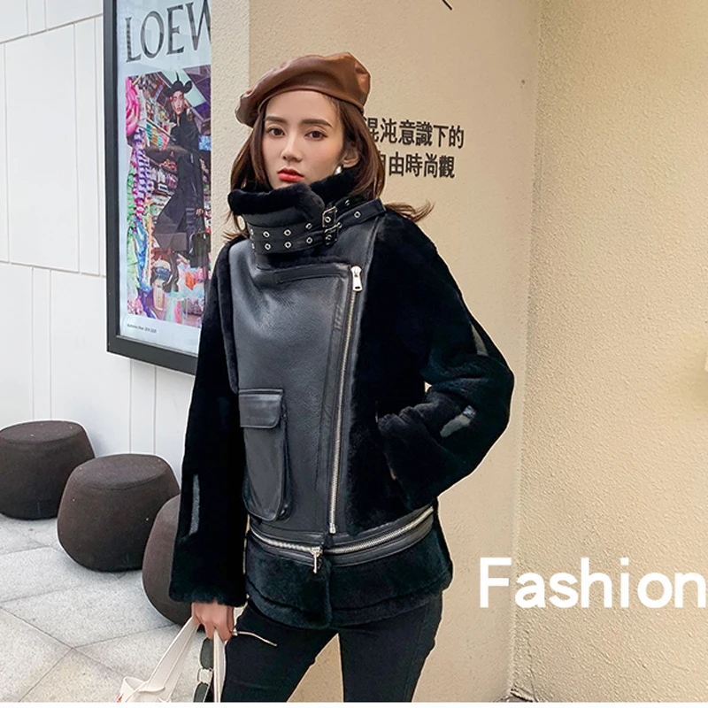 Women 2022 New Fashion Winter Coat Genuine Shearing Sheepskin Leather Jacket for Female Patchwork Wool Liner Clothing Black
