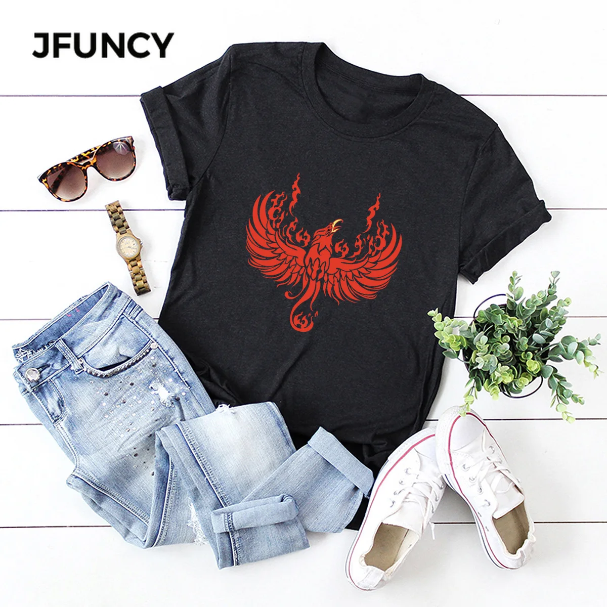 JFUNCY  Women Tops Bird Print Casual Woman Cotton T-shirt Summer Female Tee Shirt Oversize Short Sleeve Lady Tshirt