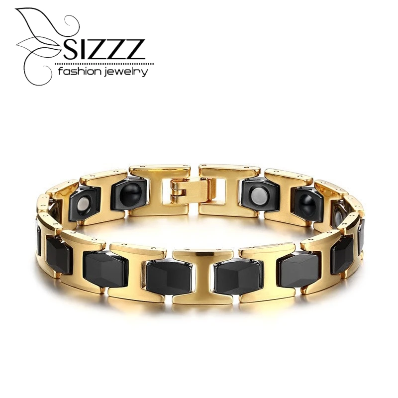 Мужской позолоченный черный мощный браслет с магнитами в стиле панк здоровый из