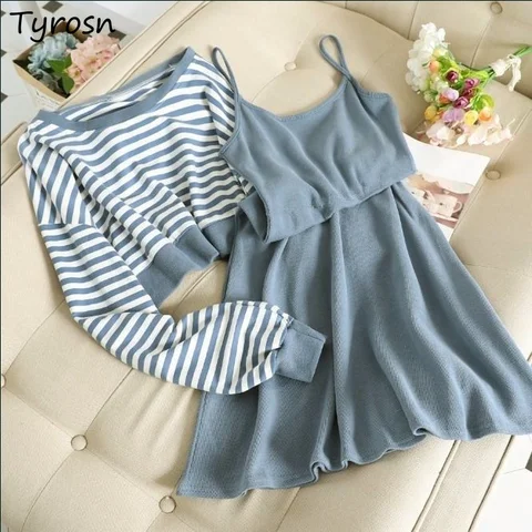 Women Sets Striped O-neck Cropped Hoodies Streetwear Elegant Fashion Korean Style Midi Vestidos Sexy Sleeveless Dress Woman Set