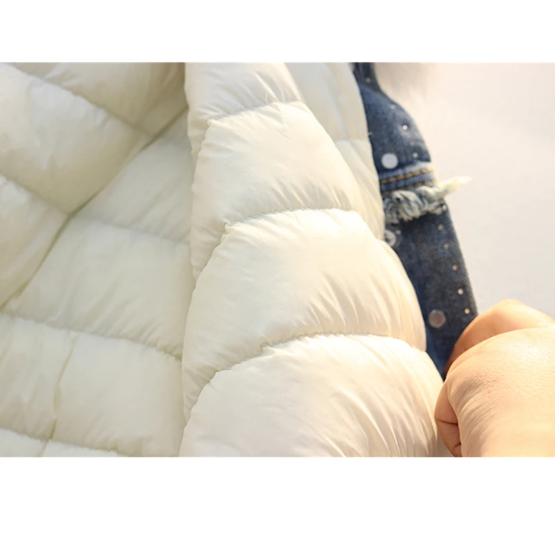 

Short Jacket Women Winter New White Duck Down Coat Removable Liner Parkas Natural Fox Fur Collar Female Rivet Denim Clothes H843