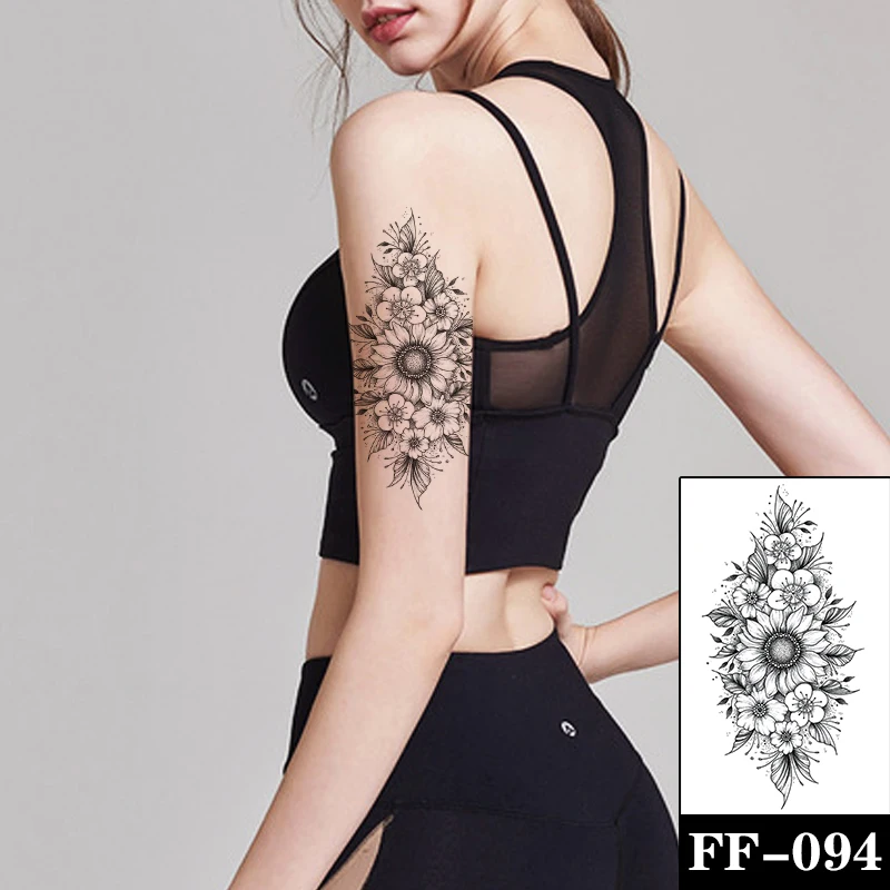 

Fashion Women Temporary Tattoo Sticker Black Sunflower Tattoo Transfer Peony Design Tattoos Girl Arm Body Art Sexy Fake Tattoo