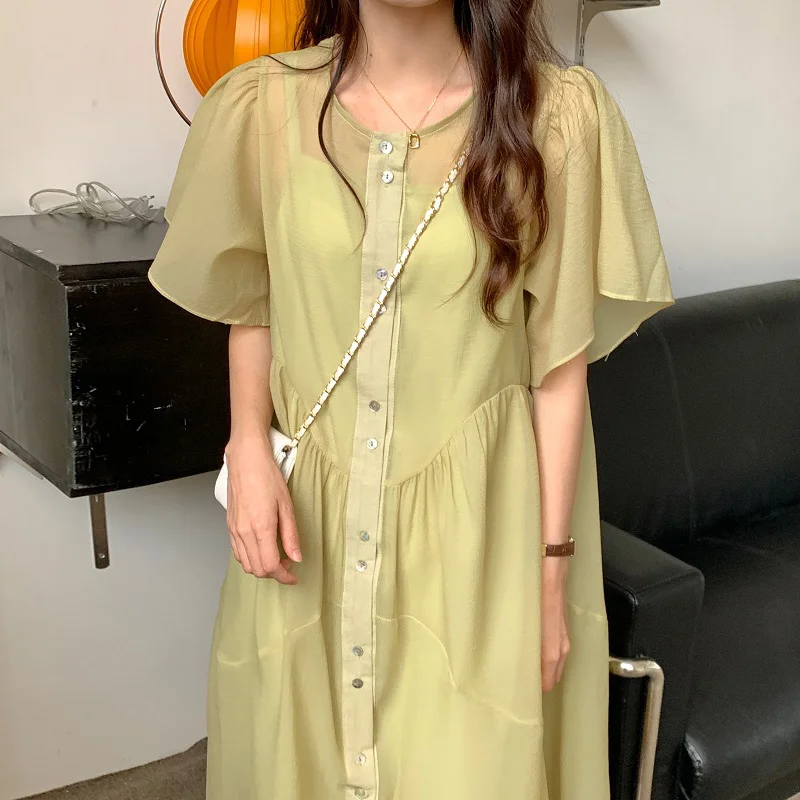 Корейское шикарное платье летнее мягкое с круглым вырезом женское однобортное