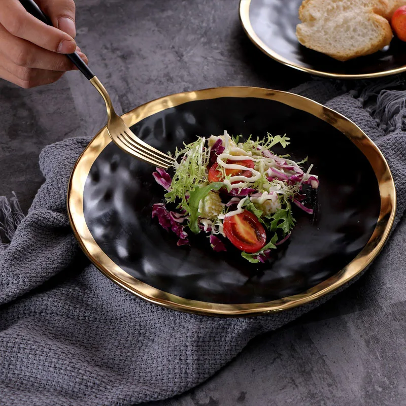 

Nordic ceramic plate Fruit salad Dessert christmas plates gold plates black porcelain dinner sets Party round trays decorative