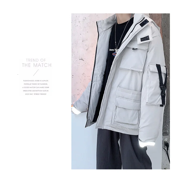 Winter Short Coat Men Warm Thick Parka Men Fashion Reflective Strip Hooded Coat Man Streetwear Loose Tooling Jacket Male Clothes