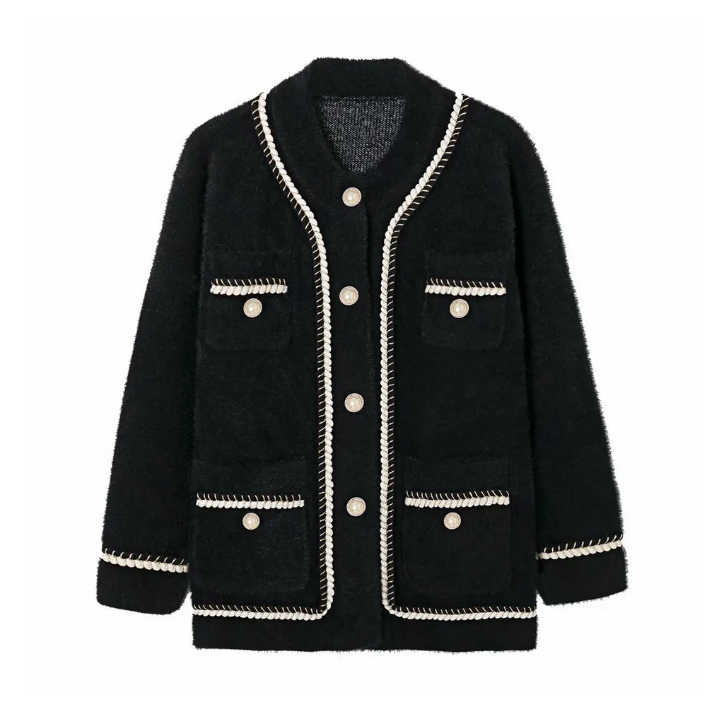 

Autumn Winter Women's Cardigan Sweater Coat Agaric Lace Contrast Color Small Fragrance Style