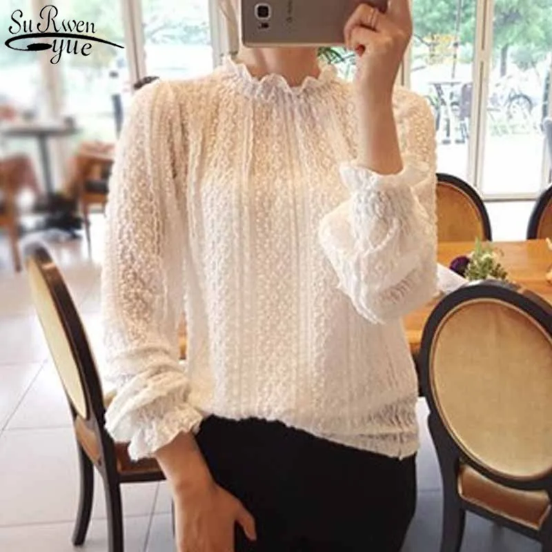 

2021 Autumn New Loose Hollow Out White Blouse Flower Stand-up Collar Women Petal Long Sleeve Fit Blouses Sweet Lace Shirts 11685