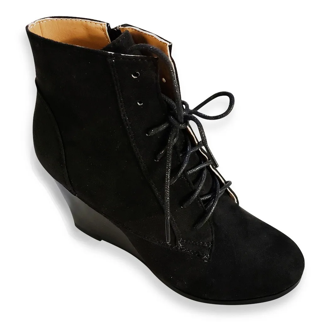 Женские ботинки однотонные на танкетке со шнуровкой молнии для девочек