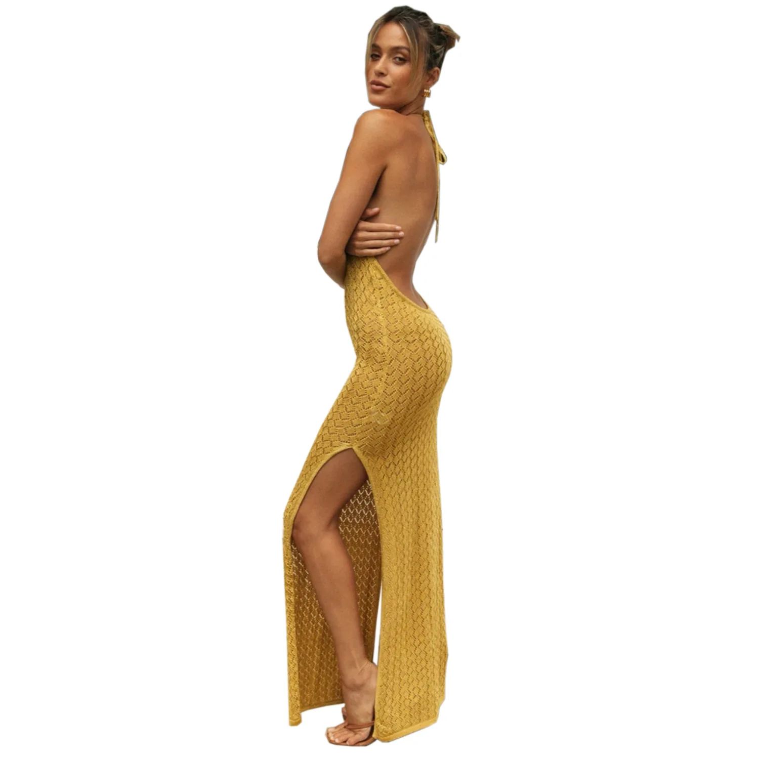 

New 2021 spring and summer women's sexy backless dress hanging neck solid color fashion dress mesh