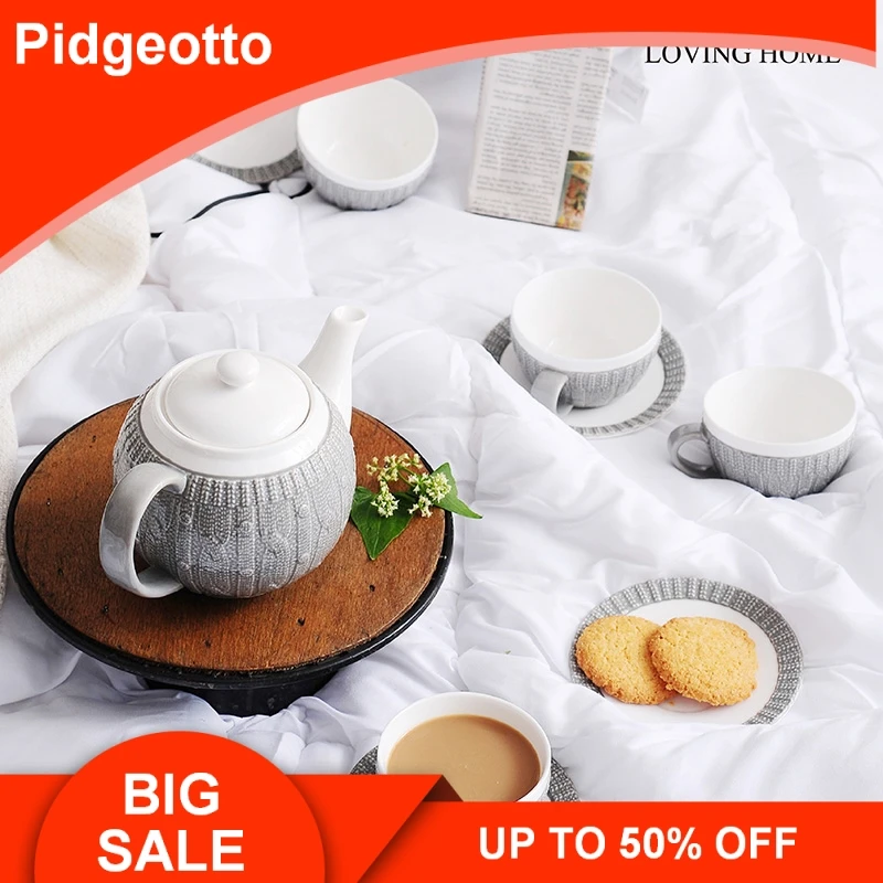 

Creative Gray Sweater Embossed Bone China Coffeware Sets Stylish White Porcelain Tea Suits For Afternoon Home Decorations