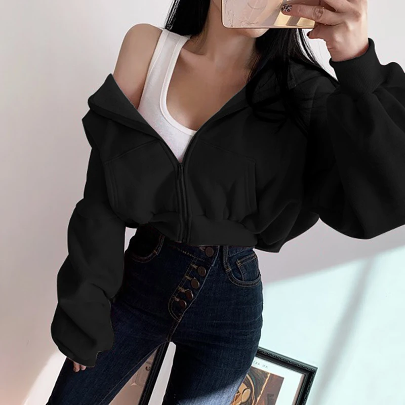 

Women\u2019s 2020 Itself oversize sweaters hoody jacket Zip Up Cropped Casual Long Sleeve Solid Color Loose