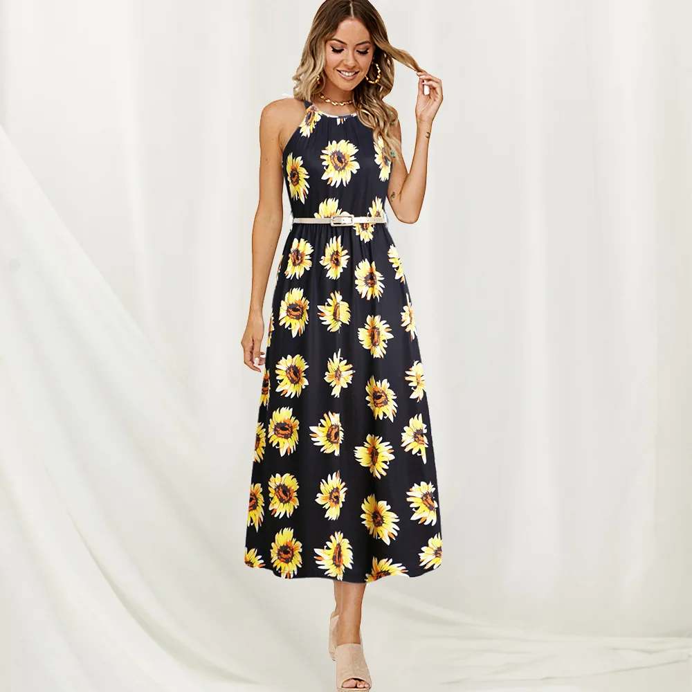 

Spring Summer Dress Women 2020 Casual Fashion Sexy Halter Print Party Dresses Ladies Elegant Vintage With Belt Dress Vestidos