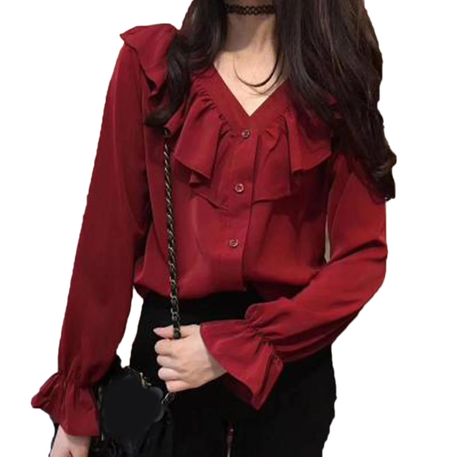 

Elegant Tops Women Autumn Long Sleeve V Neck Ruffle Hem Shirt Buttons Chiffon Top Office Solid Ladies Casual Streetwear