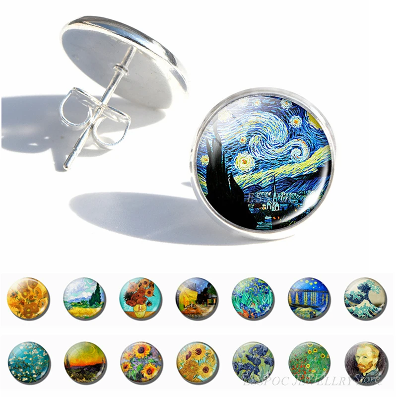 

Van Gogh Stud Earrings Women Glass Cabochon Earings Starry Night Sunflower Oil Painting Jewelry Girl Women Gifts Dropshipping
