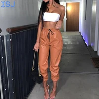 spring and autumn harem pants solid color high waist slim pants british style drawstring pu leather jogging ladies sports pants