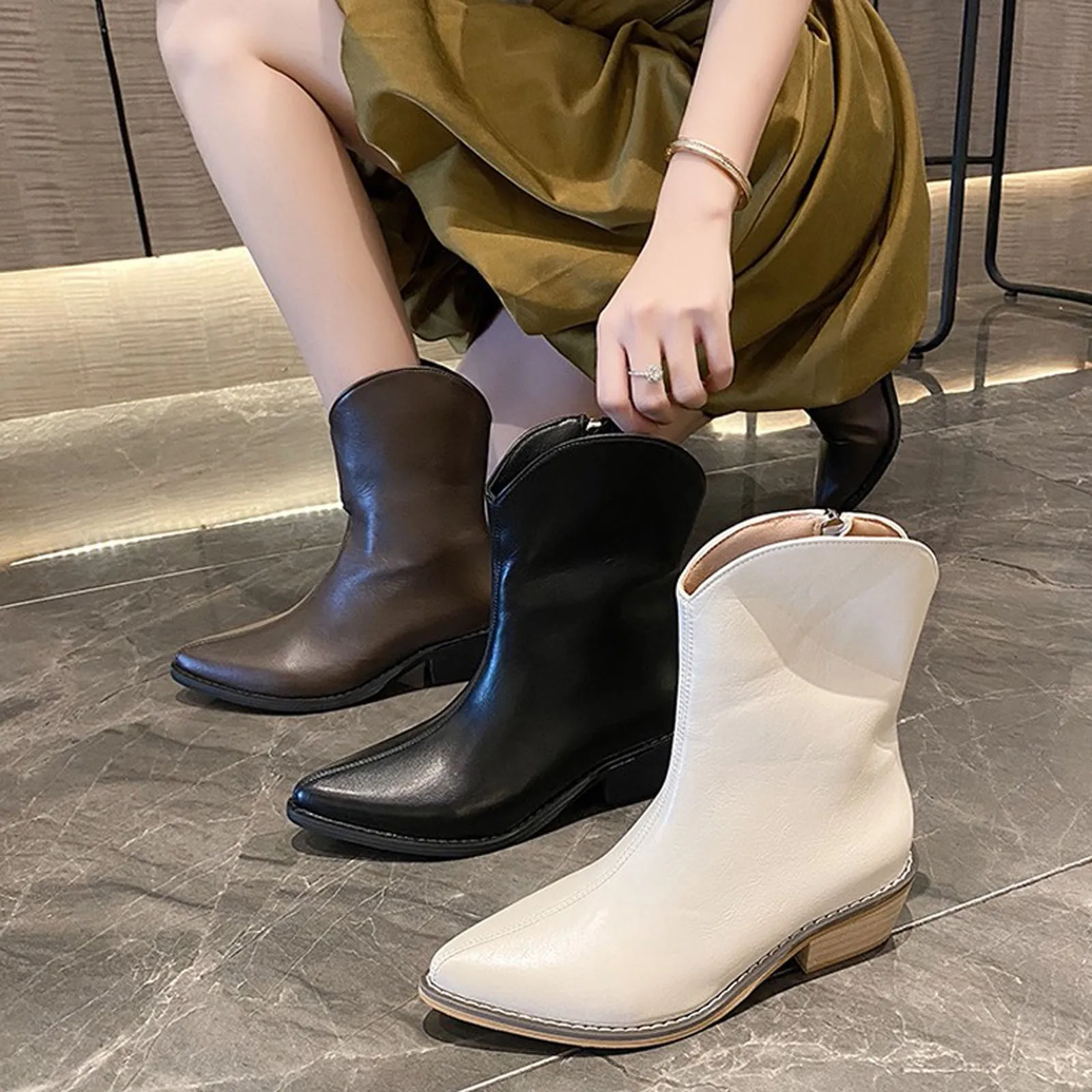 

Ботинки женские однотонные с острым носком, на молнии, на квадратном каблуке