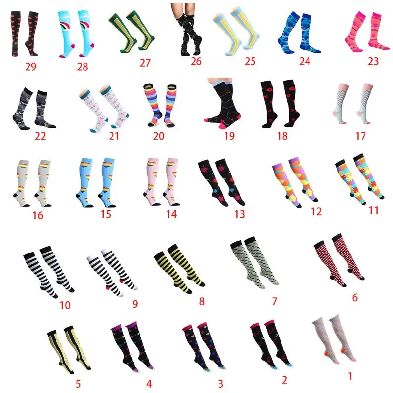 

Men Fun Colored Compression Knee High Socks Stripes Rainbow Heart Sport Stocking 649C
