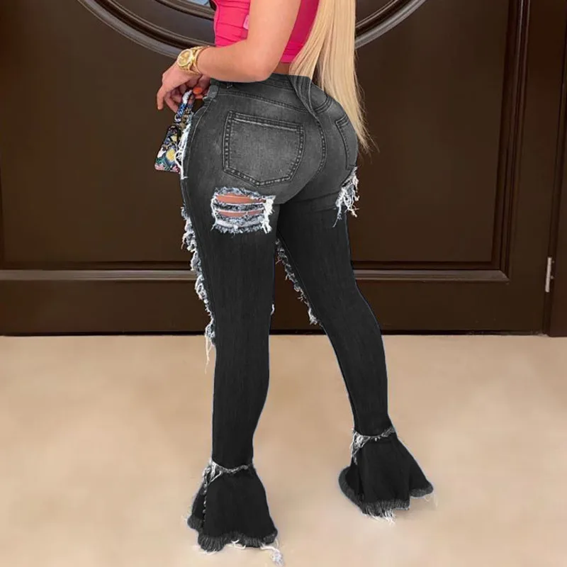 

Dilusoo Women High Waist Jeans Pants Elastic Holes Ripped Jeans Skinny Ruffles Flared Pants Woman Stretch Vintage Jeans Ladies