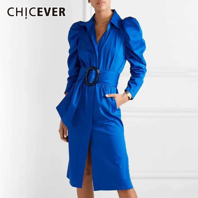 CHICEVER/осеннее платье трапециевидной формы для женщин, высокая талия с поясом, воротник с отворотом, пышные рукава, подол, разрезные платья, женская модная новая одежда