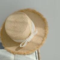 lunadolphin desinger summer beach straw raffia hat wide brim sun protection sweet korean bow cap temperament flat straw hats