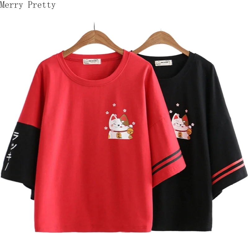 Женская футболка с рисунком кота Харадзюку хлопковая коротким рукавом и круглым