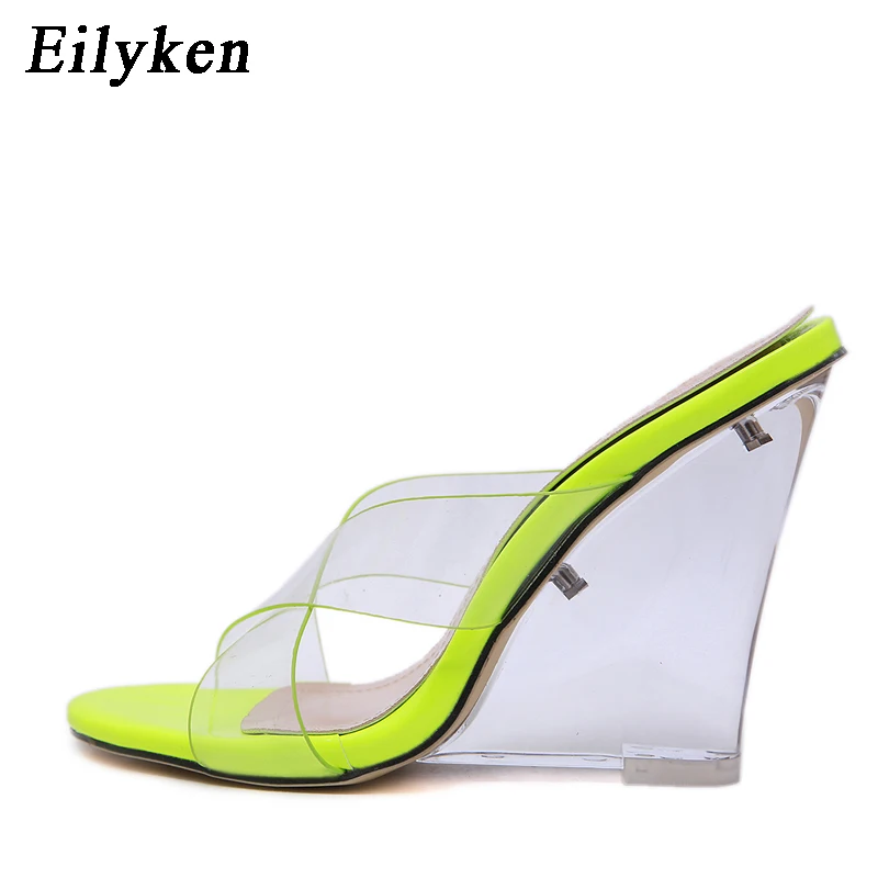 Green Eilyken/качественные женские босоножки; пикантные прозрачные Шлепанцы из ПВХ; обувь на танкетке с открытым носком и кристаллами; коллекция года; сезон лето; женские шлепанцы для вечеринок - Цвет: Green