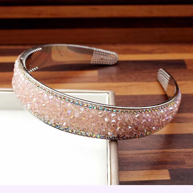 beaded hairband Широкая винтажная Роскошная розовая кристальная тиара в стиле барокко, королевская повязка на голову, блестящие стразы, повязка для волос для женщин, свадебные аксессуары для волос - Окраска металла: beaded hairband