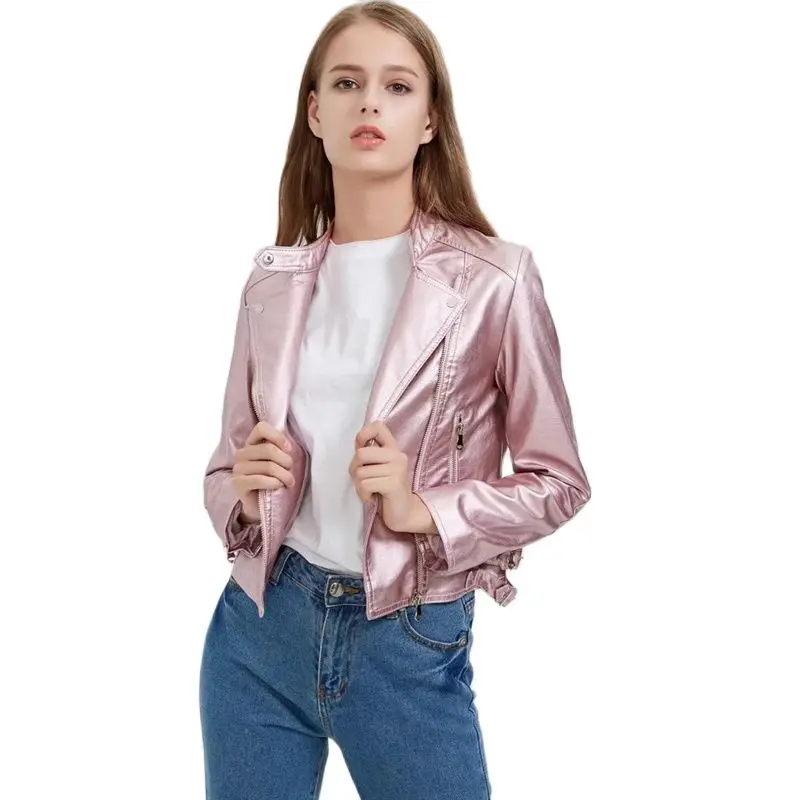 Куртка TMODA262 женская из искусственной кожи мотоциклетная блестящая розовая