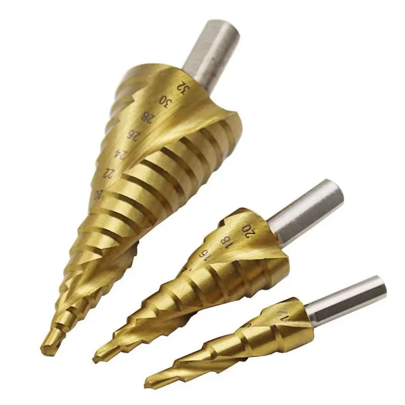 

3 Pieces/set 4-12 Mm 4-20 Mm 4-32 Mm Hss Hexagon Spiral Step Drill Titanium Coated Wood Metal Multi-function Drill Power Tool