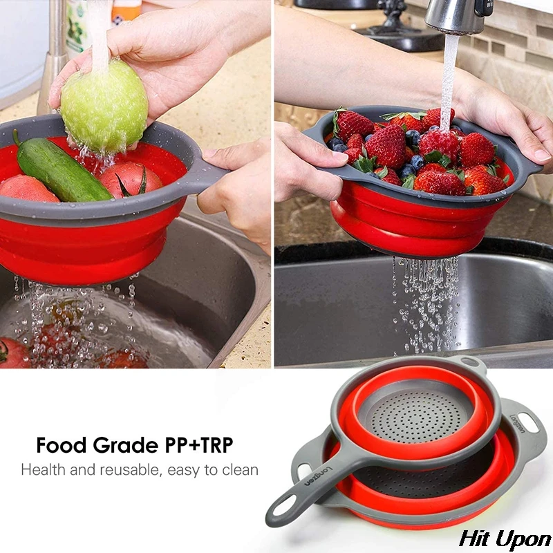 

2021 Hot Folding With Handle Silicone Plastic Colander Drain Basket Fruit Vegetable Washing Strainer Drainer Kitchen Accessories