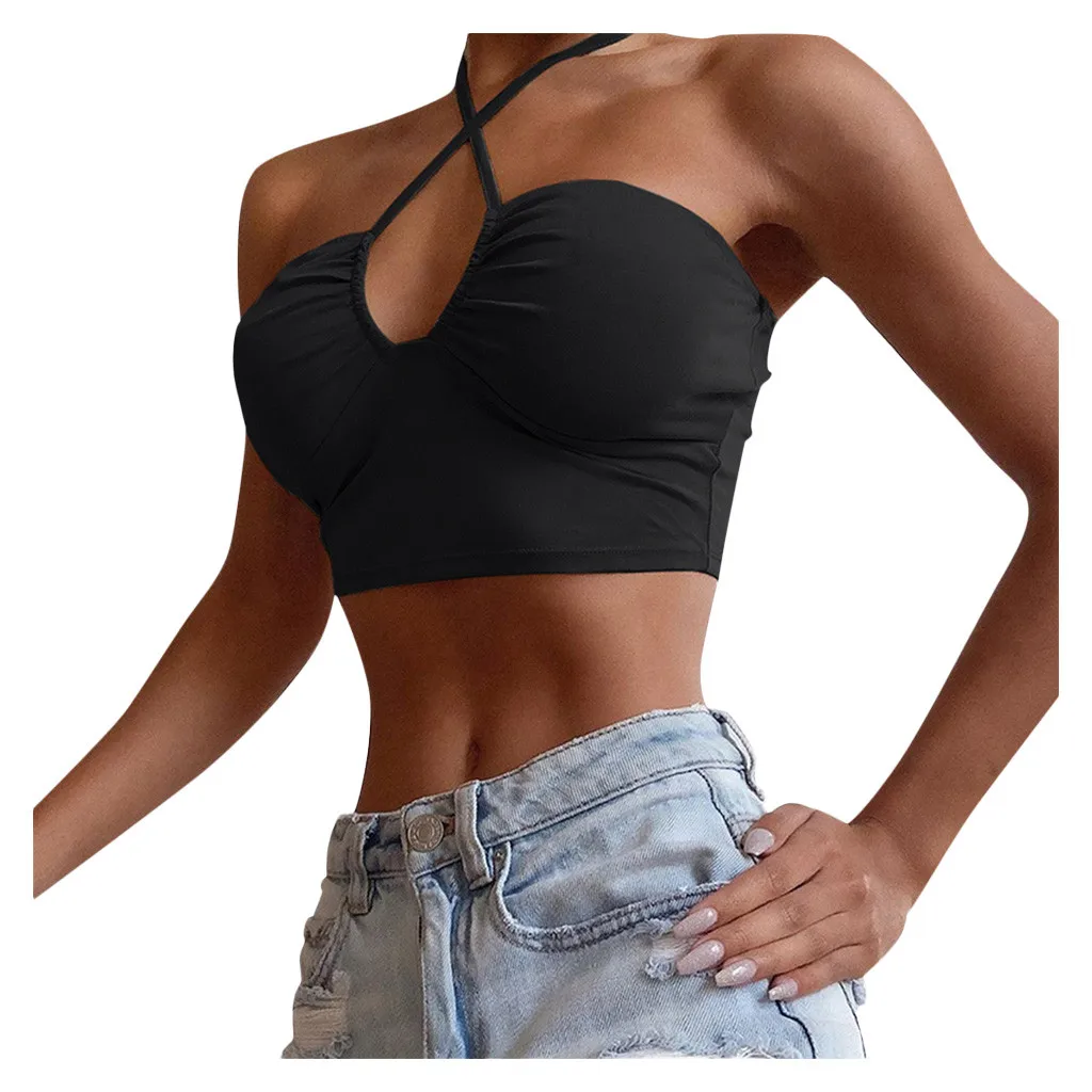 Женский летний однотонный модный Топ с бретельками на шее сексуальный жилет