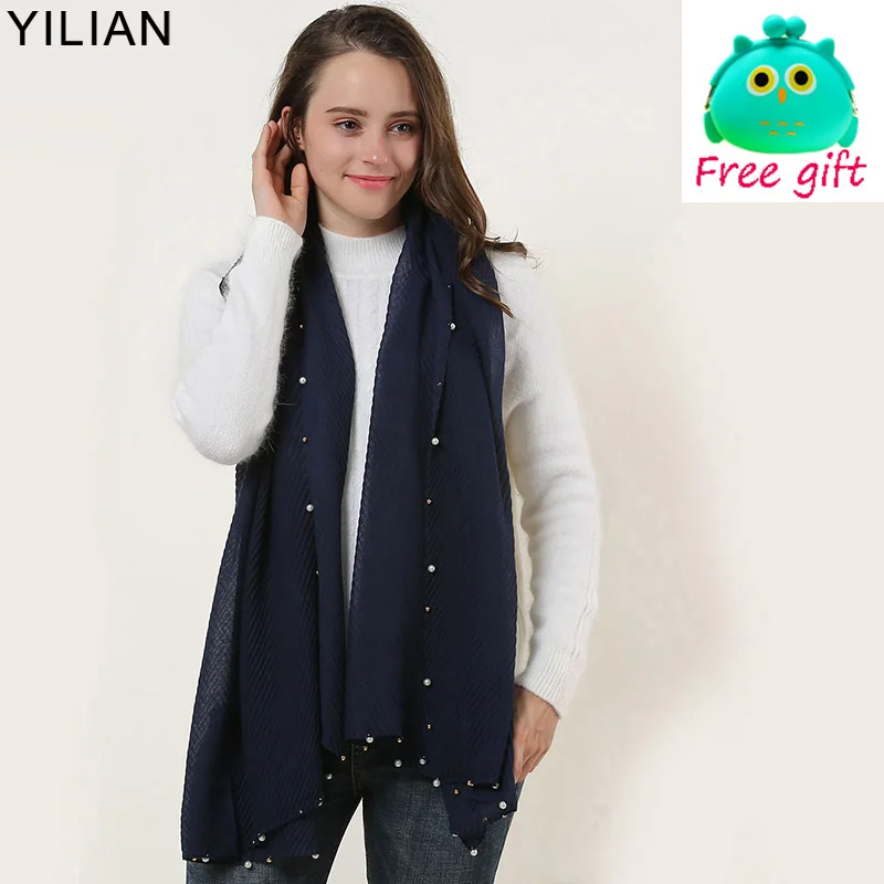 Женский Длинный шарф YILIAN элегантный классический плиссированный с жемчужинами