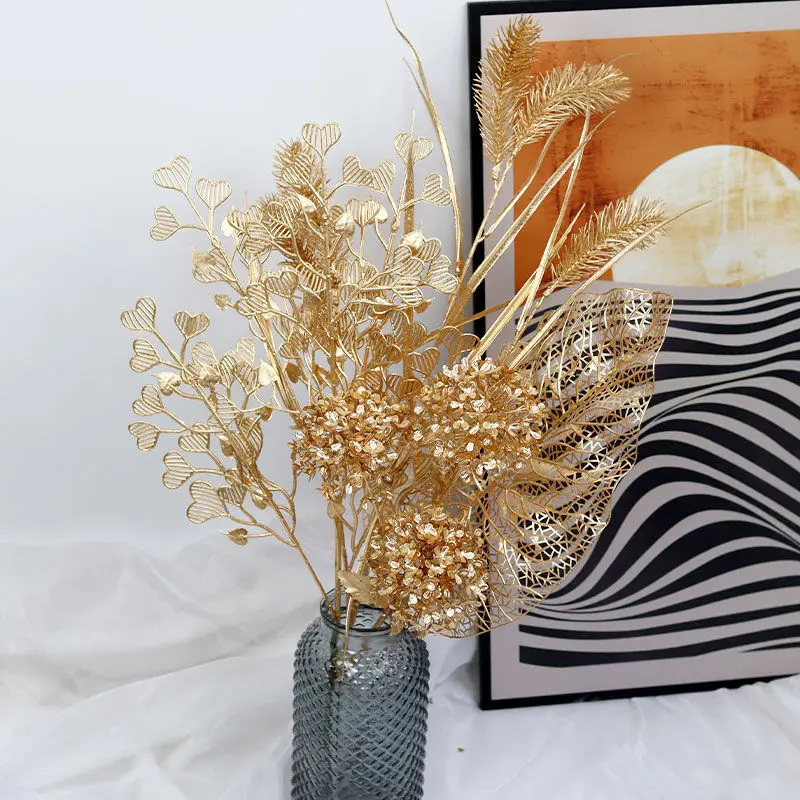 Artificial Flower Golden Silver Plastic Plants Christmas Home Deco DIY Wedding Bouquet Flower Wall Decor Accessories Photo Props