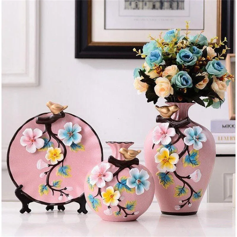 

3Pcs/Set 3D Emboss Painting Ceramic Vase Dried Flowers Arrangement Wobble Plate Living Room Entrance Home Decorations R1846