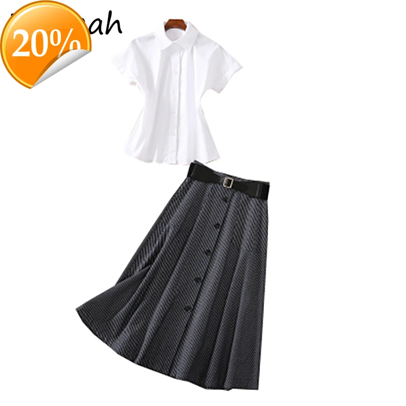 

Women Summer Fashion Runway Rock Set Short white printing Blouses + High waist A-line skirts 2-piece suits