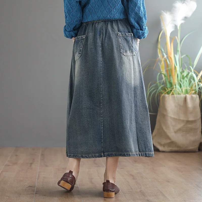 Осенняя Юбка Ретро Женская эластичная талия свободная джинсовая юбка 2019 Новая