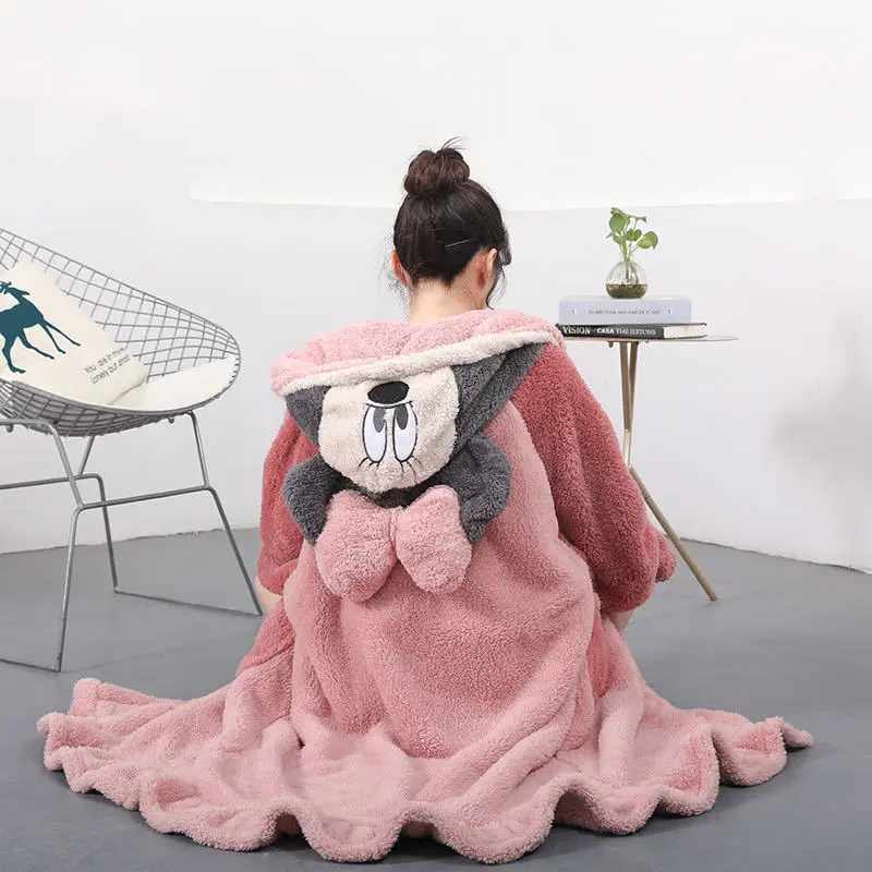 Women's Pajamas Long Plush Coral Velvet Cute Nightgown Autumn and Winter Men's Pyjamas Home Service Hooded Sleepwear Fashion