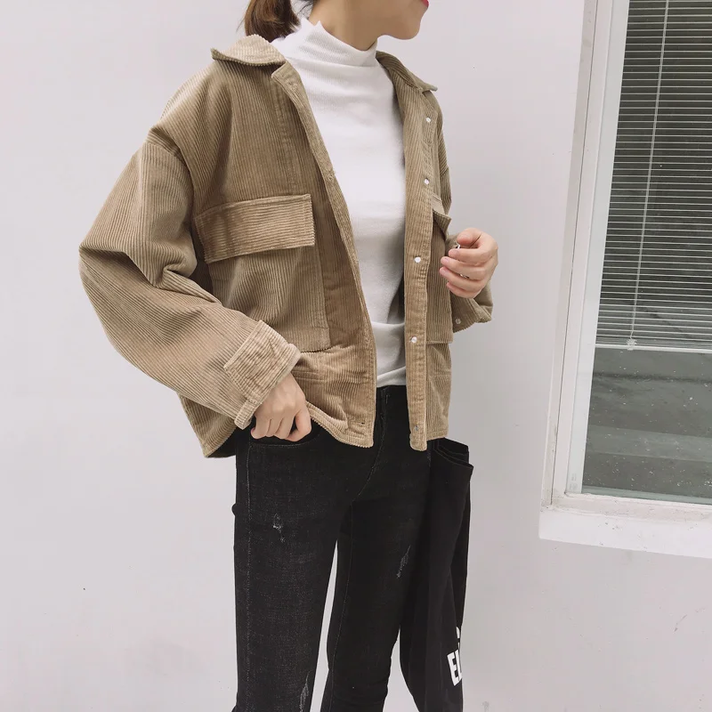 

Women Long Sleeve Jacktes Casual Solid Turn-down Collar Single Breasted Jackets Vintage Winter Lady Loose Button Pockets Jacket