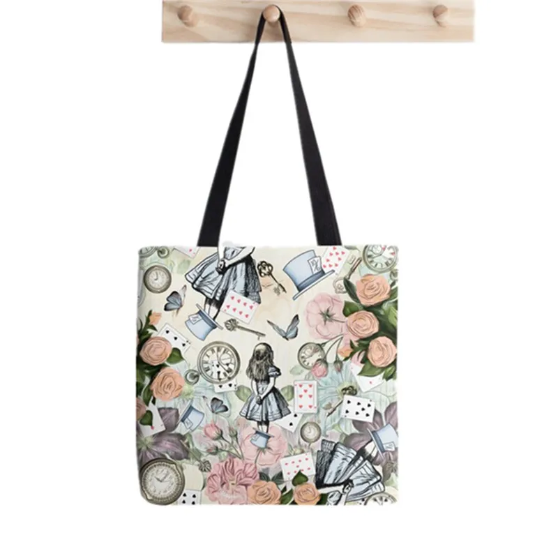 

Shopper Alice In Wonderland Collage Painted Tote Bag women Harajuku shopper handbag girl Shoulder shopping bag Lady Canvas Bag