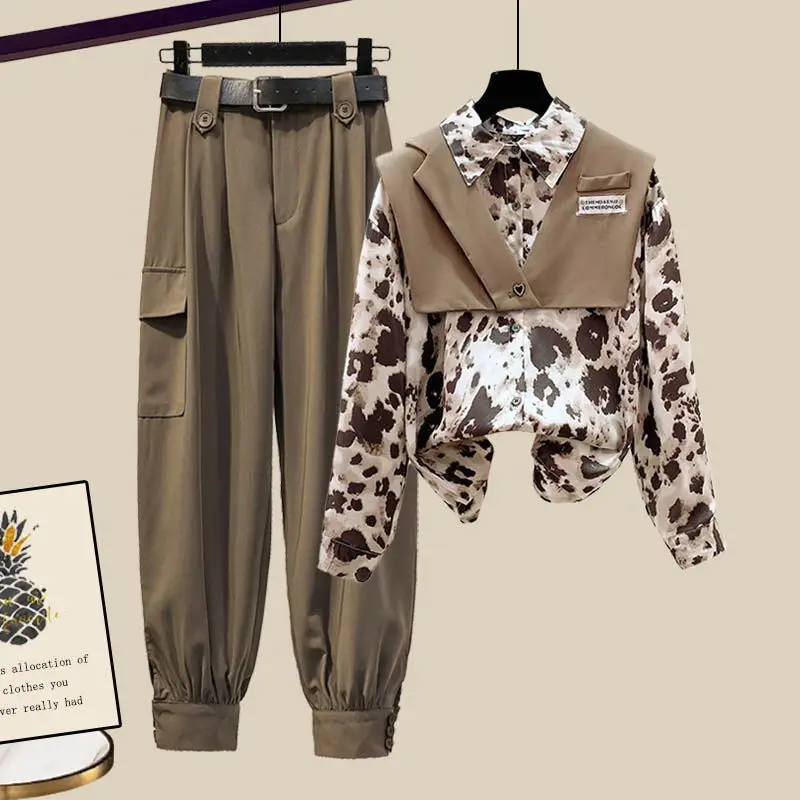 

Spring And Autumn Women's Two-Piece Suit Fashion Thin Fake Two-piece Splicing Printed Shirt + High Waist Overalls Suit