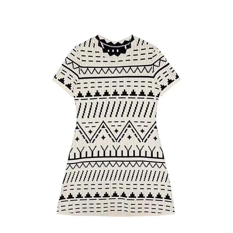 

2021 Summer New Geometric Short-sleeved Dress Knitted Skirt Female Slim Dress