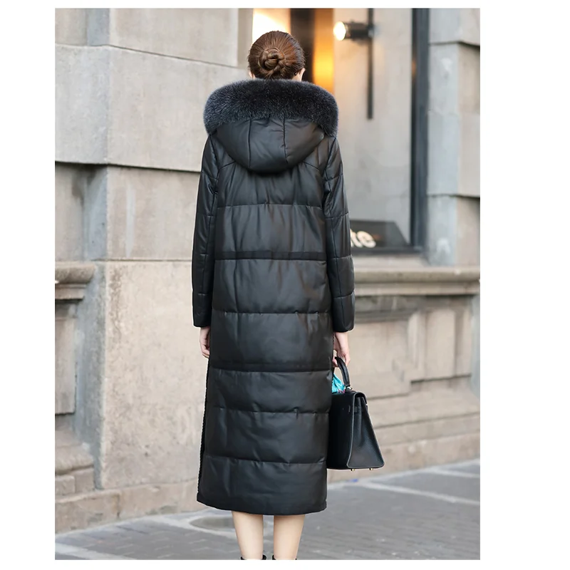 Black Leather Coat Women's Winter Fox Fur Sheepskin Down Coat Long Hooded Leather Outerwear Casual Trench