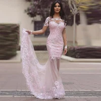 classic pink evening dresses scoop neck illusion full sleeve mermmaid vestido gown appliques formal luxury robe de soiree